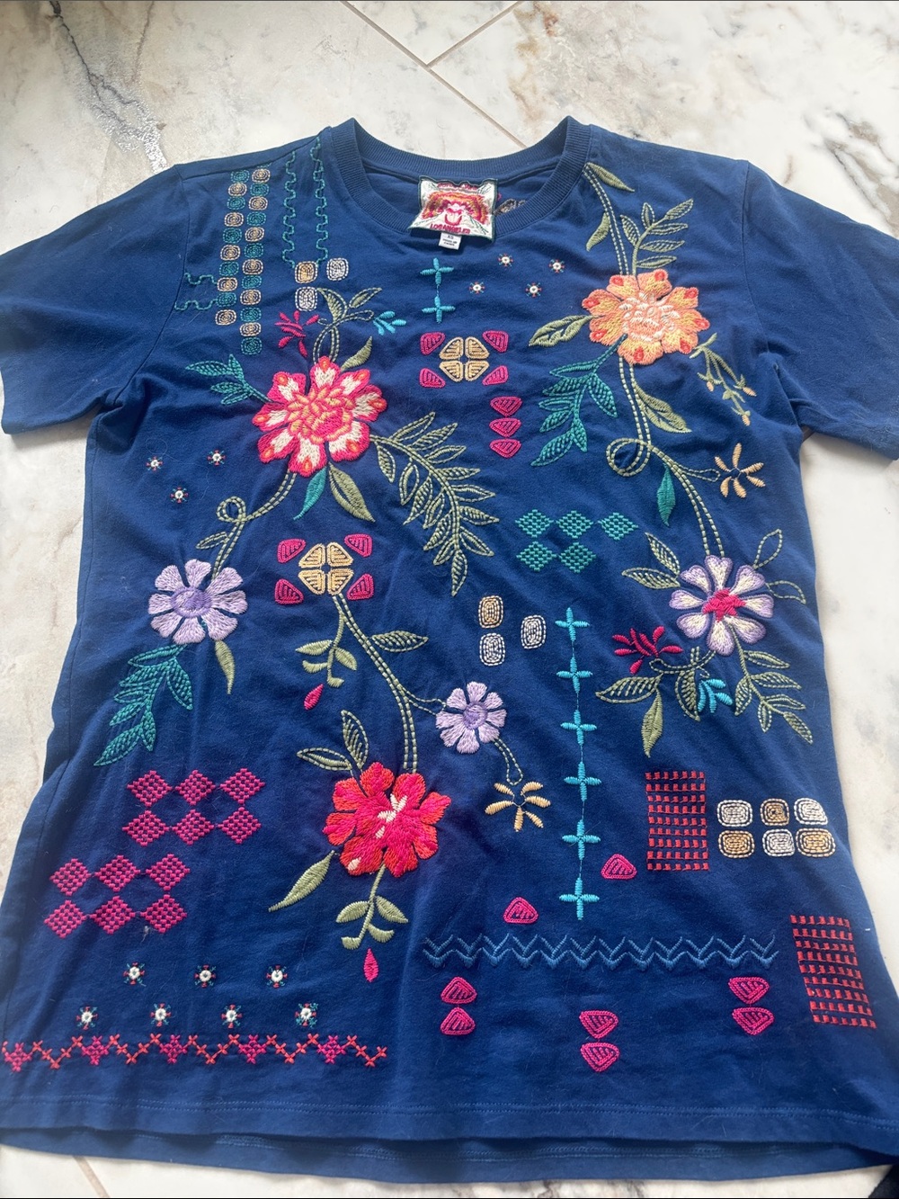 Johnny Was Navy Floral Embroidered Tee with Multicolor Blooms